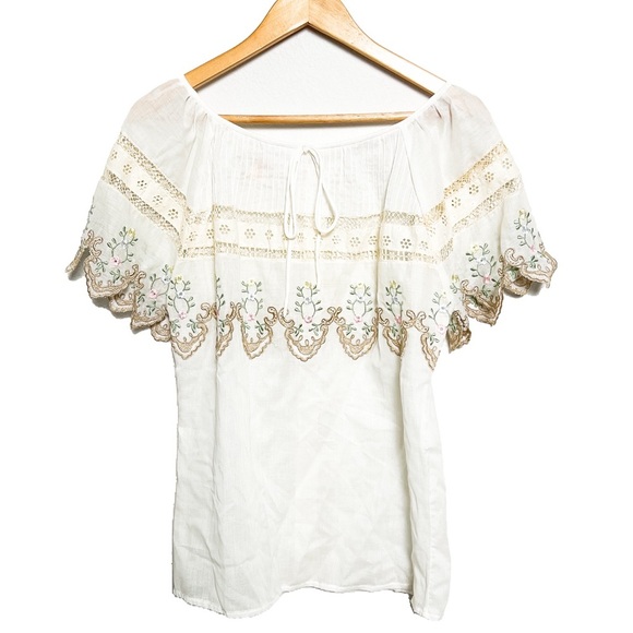 Vintage Tops - Vtg 70s floral embroidered scallop eyelet lace Oaxacan blouse top peasant boho